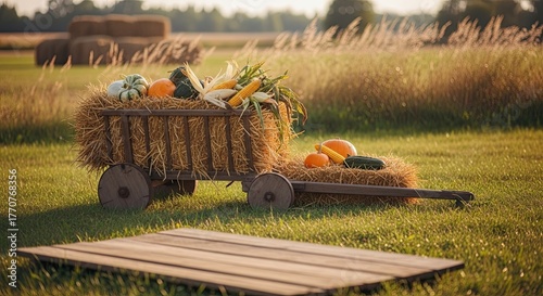 Harvest bounty in rustic wagon, golden hour glow, autumn farm field bounty