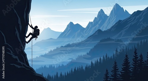 Adventurer scales majestic mountain peak, a symbol of achievement and ambition in breathtaking nature.