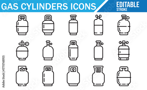 LPG and propane cylinder icons — simple line set for industry, camping, and barbecue uses