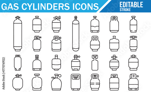 Industrial gas bottles — clean outline pictograms of LPG, acetylene, nitrogen and more