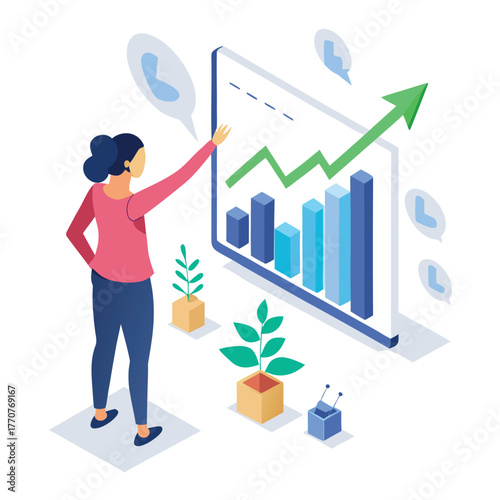 Businessman with graph and chart illustration showing growth and success