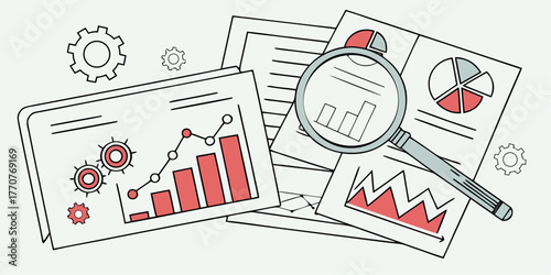 Business analytics and data insights shown with charts, graphs, and magnifying glass for analysis