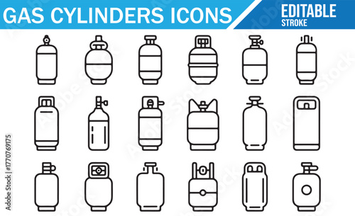Gas cylinder icon set — minimal outline stroke bottles and tanks for industry and safety