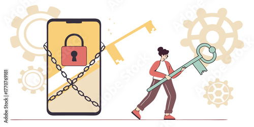 Unlock mobile security with a woman holding a key to protected phone data, cybersecurity concept