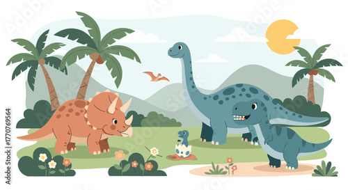 Cute cartoon dinosaurs in a lush prehistoric landscape, featuring a friendly Triceratops, a long-necked dinosaur family, and a flying Pterodactyl.