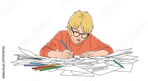 A focused person with glasses and blonde hair drawing or working intently surrounded by a large pile of scattered papers and colored pencils.