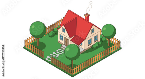 Isometric illustration of a charming suburban house with a red roof, green lawn, picket fence, trees, and a winding stone path.