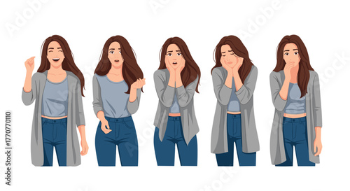 Diverse emotional expressions of a young woman, including joy, surprise, shock, worry, and embarrassment, in a clean vector style.