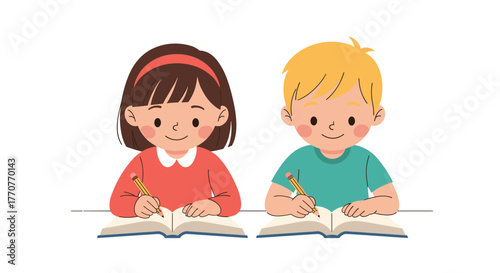 Cute cartoon children, a boy and a girl, are happily focused on writing in their open books with pencils, symbolizing education and learning.