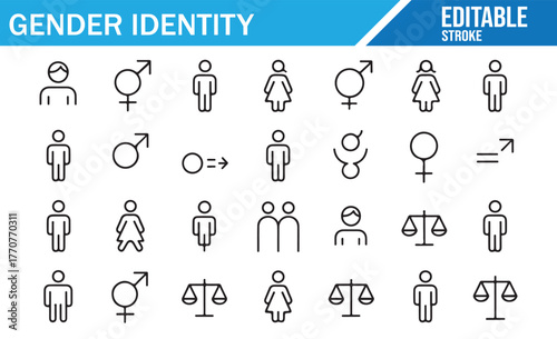 Inclusive pronoun and gender icons — modern line pictograms covering male, female, nonbinary and more