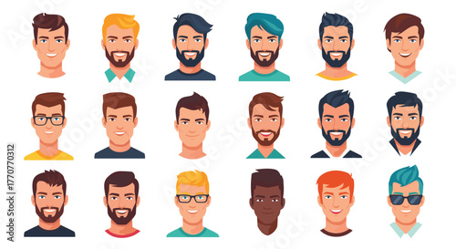 Diverse collection of cartoon male avatars featuring various hairstyles, beards, and facial expressions, suitable for user profiles or character design.