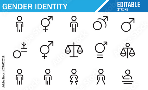 Gender identity icons set, male female transgender nonbinary genderfluid symbols, inclusive LGBT concept line icons, editable stroke vector illustration