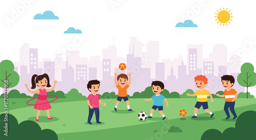 Happy children play various outdoor games in a vibrant city park with a cityscape background on a sunny day.
