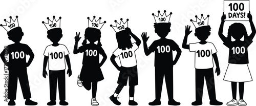 Joyful student silhouettes celebrating 100 days of learning, wearing special crowns and shirts, symbolizing educational achievement and school milestones