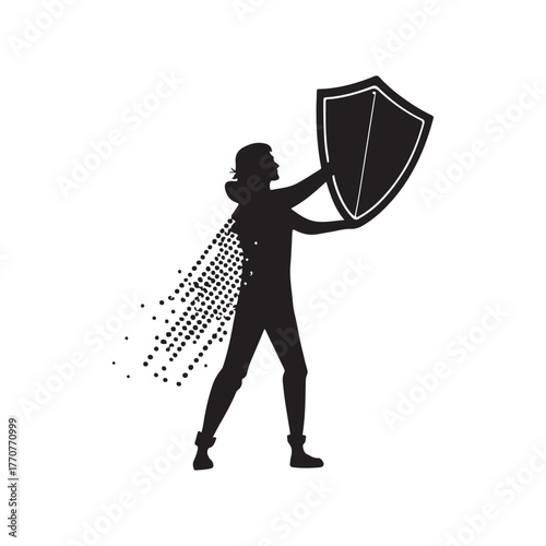 Black silhouette of a person holding a shield with a cape dissolving into dots protection defense