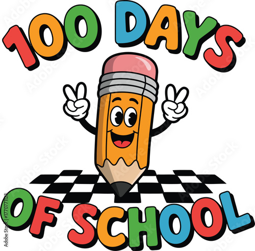 Illustrated happy pencil character with gloves making peace signs, celebrating an educational achievement on a checkered background