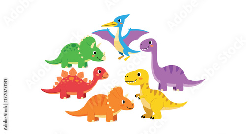 A vibrant illustration showcasing a collection of friendly cartoon dinosaurs and a flying pterodactyl on white.