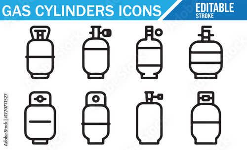Gas cylinders icons — editable line stroke set of propane, oxygen, acetylene, LPG tanks and valves for industrial safety, welding, medical and camping fuel storage; minimal outline pictograms collecti