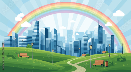 Beautiful urban park with green rolling hills, a winding path, benches, and lampposts, set against a modern city skyline under a vibrant rainbow.