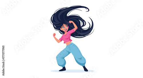 Energetic cartoon woman with flowing dark hair and a joyful expression strikes a confident, powerful pose in casual attire.
