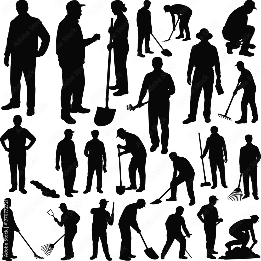 Obraz premium Gardening, landscaping, outdoor work, silhouettes, workers, tools, shovel, rake, broom, maintenance, yard care, manual labor, spring, summer, agriculture, farming,