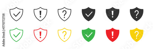 safety shield symbol icon set, shield symbols with check mark and exclamation icons representing security and protection , vector illustration . 