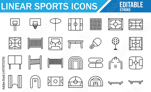 Outline sports equipment and field icons – editable stroke vector design collection
