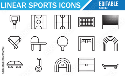 Outline sports icons – editable stroke style for basketball, football, and tennis design projects