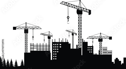 Construction site silhouette, tower cranes at work, urban development, industrial progress, building infrastructure, engineering marvel, city growth, architectural structure, construction zone