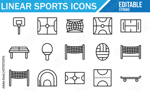 Set of vector line sports icons – minimalist graphic symbols of courts, goals, and equipment