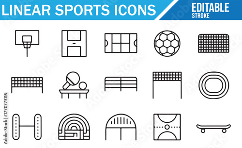 Editable stroke sports icon set – outline symbols of game fields, courts, and equipment for athletic design