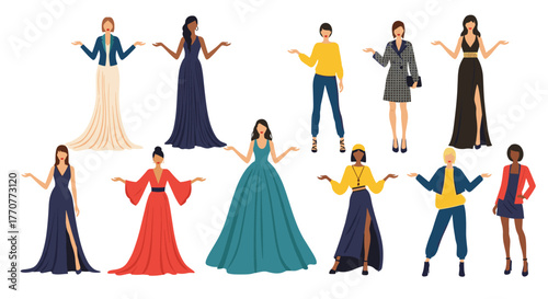 Diverse women showcasing a range of fashion styles, from elegant gowns to casual wear, presenting options with open hands.