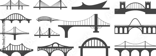 Bridge silhouettes, suspension bridge, arch bridge, cable-stayed bridge, beam bridge, cantilever bridge, black vector, civil engineering, architecture, construction, infrastructure, design, structure,
