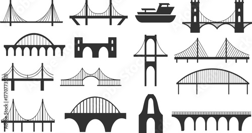 Bridge silhouette icons, suspension bridge, arch bridge, beam bridge, cable-stayed bridge, black vector set, engineering, construction, architecture, infrastructure, transportation, civil engineering,