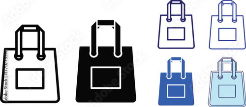 Collection of shopping bag icons in various styles and colors, including outline, solid black, blue, and light blue