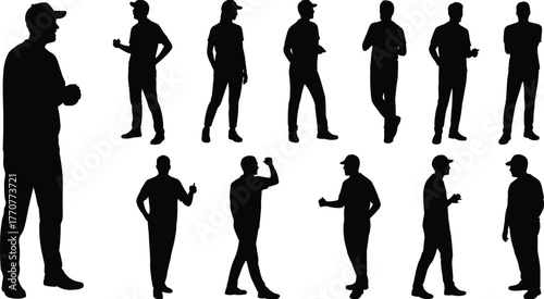 Silhouettes of standing men, casual male poses, gesture collection, body language, black figures, isolated, posture study, character design reference