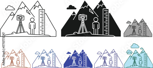 Set of mountain survey icons featuring cameras, tripods, and measuring tools, indicating geological or topographical research