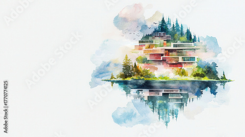 Serene watercolor painting depicting modern architectural structure surrounded by lush trees and calm lake, reflecting vibrant colors of nature