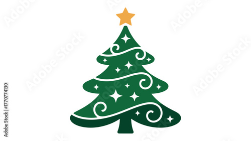 A decorated Christmas tree with a star on top is depicted on a white background.