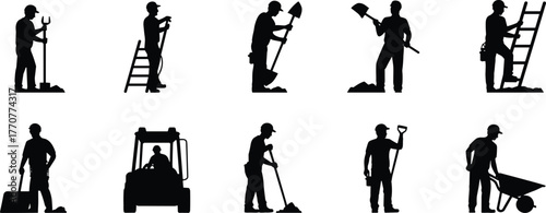 Construction workers silhouettes, labor tools, industrial teamwork, shovel, ladder, forklift, wheelbarrow, broom, toolbox, safety gear, site activity, manual work