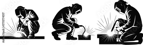 Welding, worker, sparks, safety, helmet, gloves, metalwork, industrial, fabrication, construction, black, white, illustration, crouching, kneeling, torch, protective gear, tradesman, engineering,