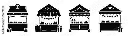 christmas market stall silhouette vector icons collection isolated on white background.Christmas Vector Icon Set.