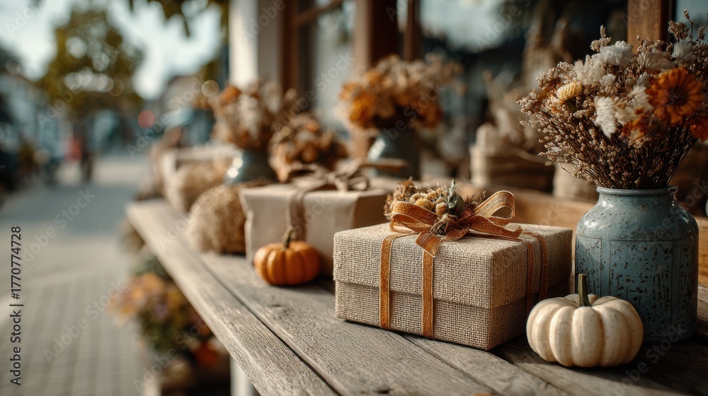 Fototapeta premium Rustic autumn gift arrangement with pumpkins, dried flowers and wrapped presents on a wooden table outdoors perfect for cozy seasonal marketing and Thanksgiving visuals