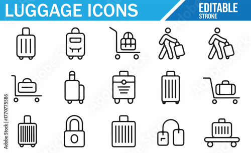 Flat outline luggage and suitcase icons – travel design set for tourism, transport, and hospitality