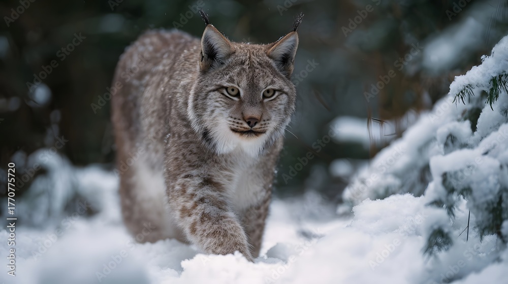 Obraz premium A majestic lynx walks cautiously through a snow covered forest during winter its gaze alert and focused on its surroundings
