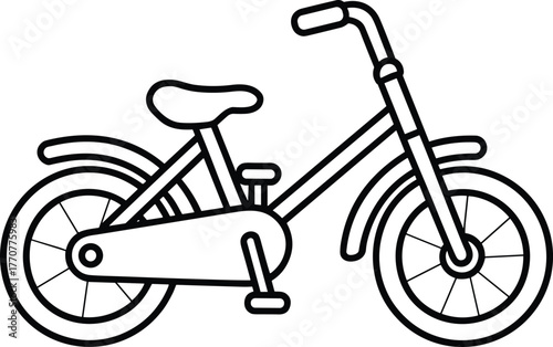 Black and white bicycle line drawing, simple bike sketch, educational outline, cycling clipart, minimal transport illustration, vector design, kids activity