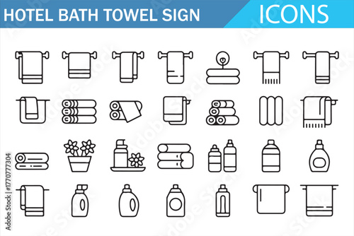 Bath towel and cleaning icon set – linear design for hospitality projects
