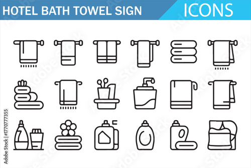 Line art bathroom essentials – towel, soap, and detergent minimalist icons