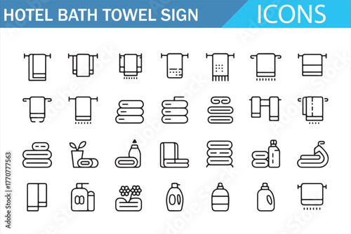Hotel towel and bathroom essentials line icon set – minimalist hygiene vector collection