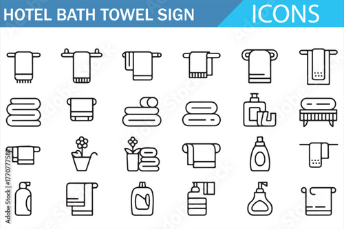 Hotel bath towel sign line icon set – minimalist outline collection of towels, detergent bottles, folded linens, and bathroom accessories for hospitality, cleaning, and hygiene concept vector illustra